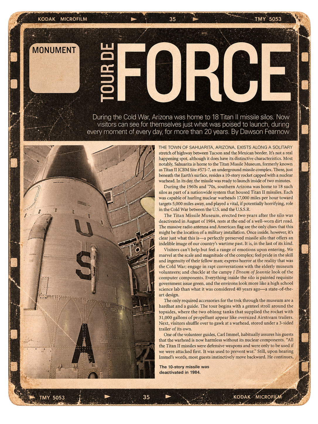 An informational sign about the Titan missile at the Titan Missile Museum in Sahuarita, Arizona. The sign includes a photograph of the missile's nose cone and details about its history and deactivation.