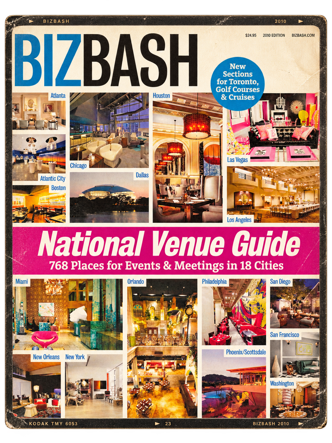 Cover of a venue guide magazine titled 'BizBash' featuring photos of event spaces in various cities including Atlanta, Houston, Las Vegas, Chicago, Dallas, Los Angeles, Miami, Orlando, Philadelphia, San Diego, New Orleans, New York, Phoenix/Scottsdal