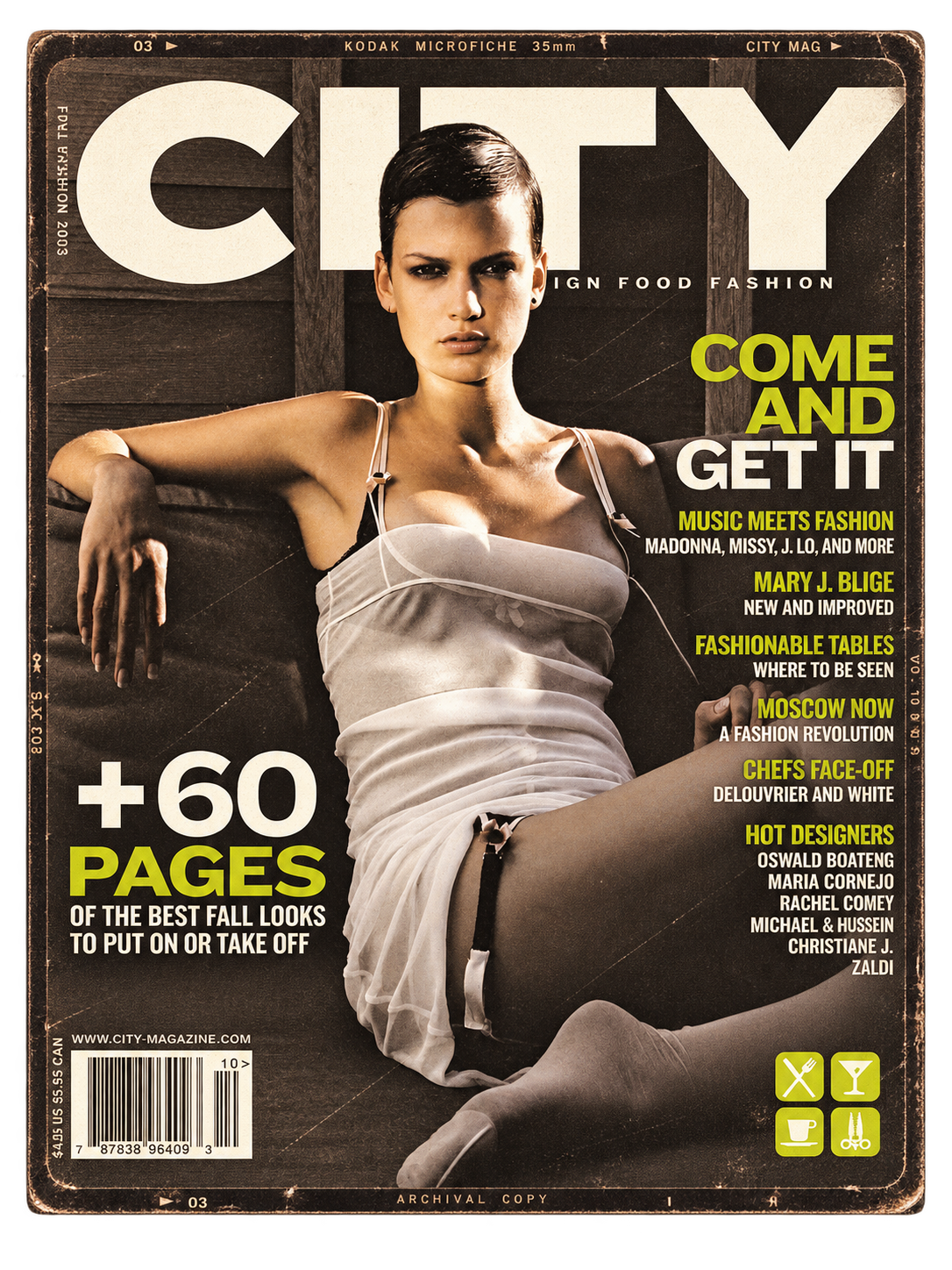 Magazine cover of City Magazine featuring a woman in white lingerie, with headlines about fashion, food, and style inside.