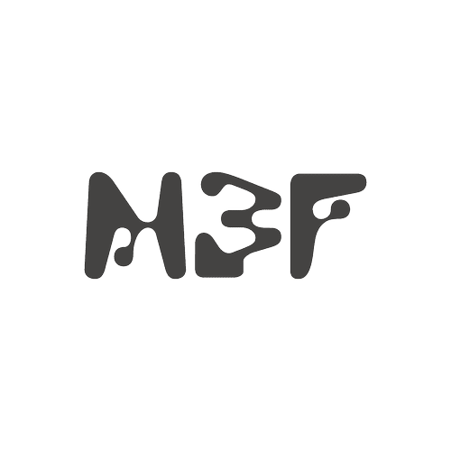 Black background with the stylized letters M, 3, and F in gray, linked together.