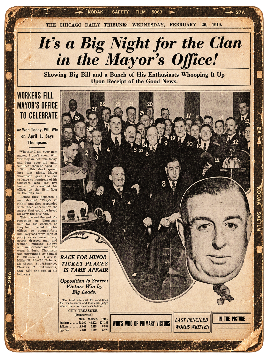 Vintage newspaper front page featuring a black and white photo of a large group of men, with some holding signs numbered 1 to 29, celebrating a political victory. The headline reads, "It’s a Big Night for the Clan in the Mayor’s Office!" The date is 
