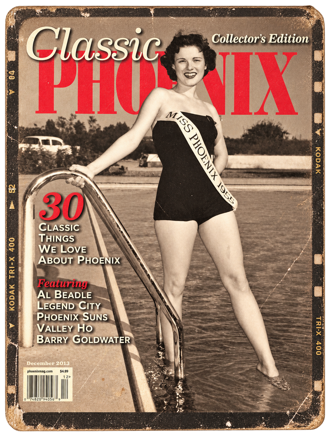 Vintage magazine cover featuring a woman in a swimsuit standing on a pool ladder with a sash reading 'Miss Phoenix 1955'.