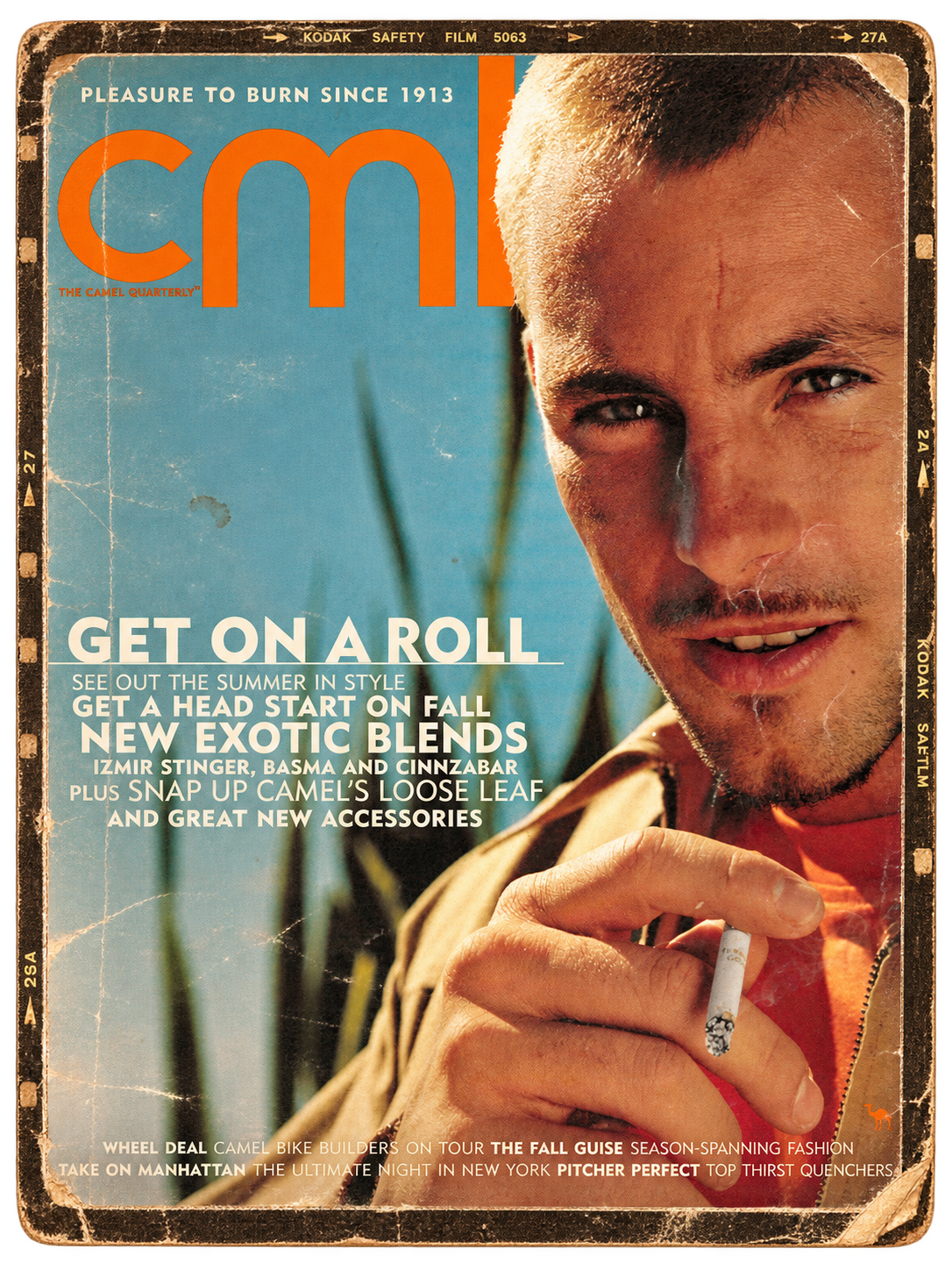 Vintage magazine cover featuring a young man with short hair holding a cigarette, with a blue background and orange and white text promoting fashion, accessories, and seasonal highlights.