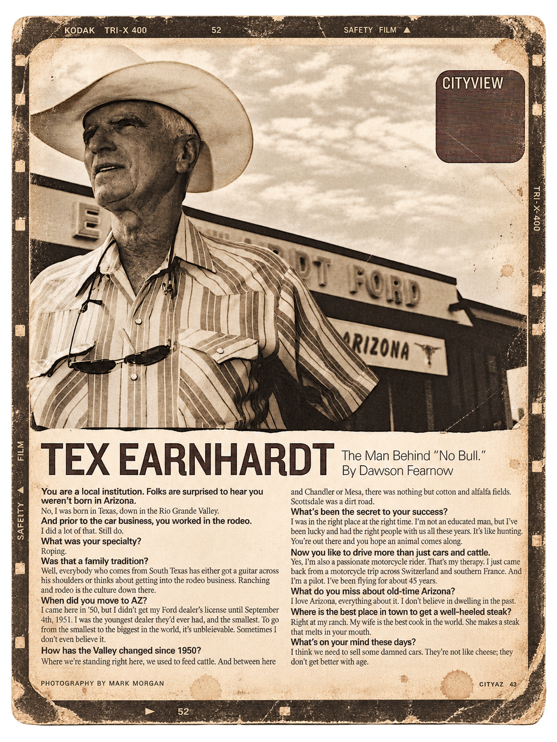 Black and white photograph of an elderly man wearing a cowboy hat and striped shirt, standing outdoors in front of a business sign that reads "Ford Arizona." The image has a vintage, weathered appearance with text providing information about Tex Earn