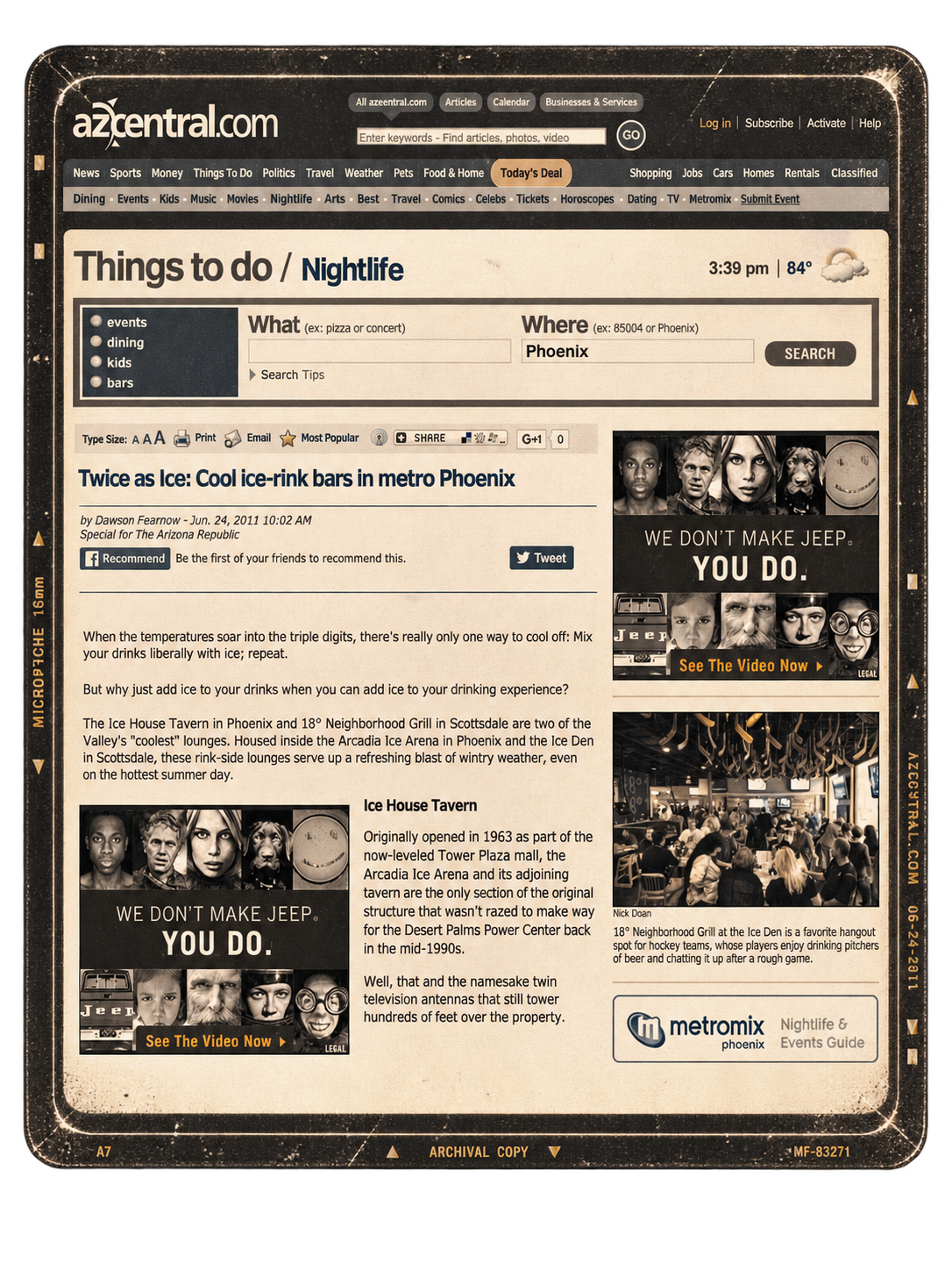 A screenshot of an online article from azcentral.com about cool ice-rink bars in metro Phoenix, featuring images of people and advertisements for Jeep.