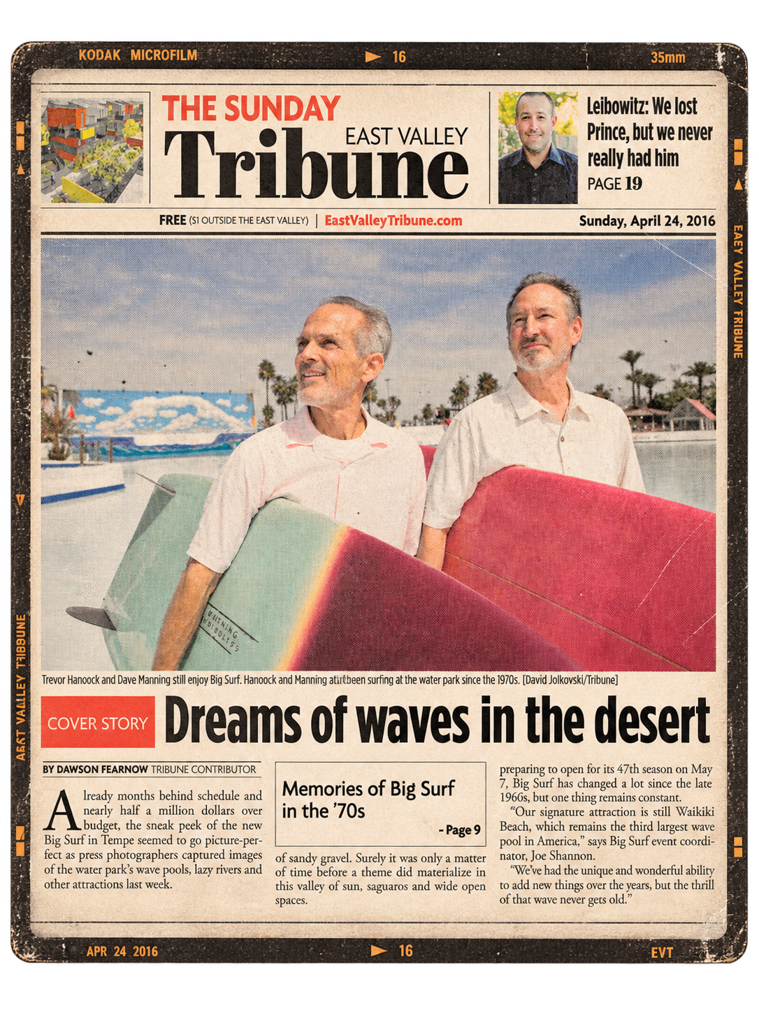Front page of the East Valley Tribune newspaper featuring a photo of two men with surfboards at a water park, likely Big Surf, with palm trees and a wave mural in the background, published on April 24, 2016.