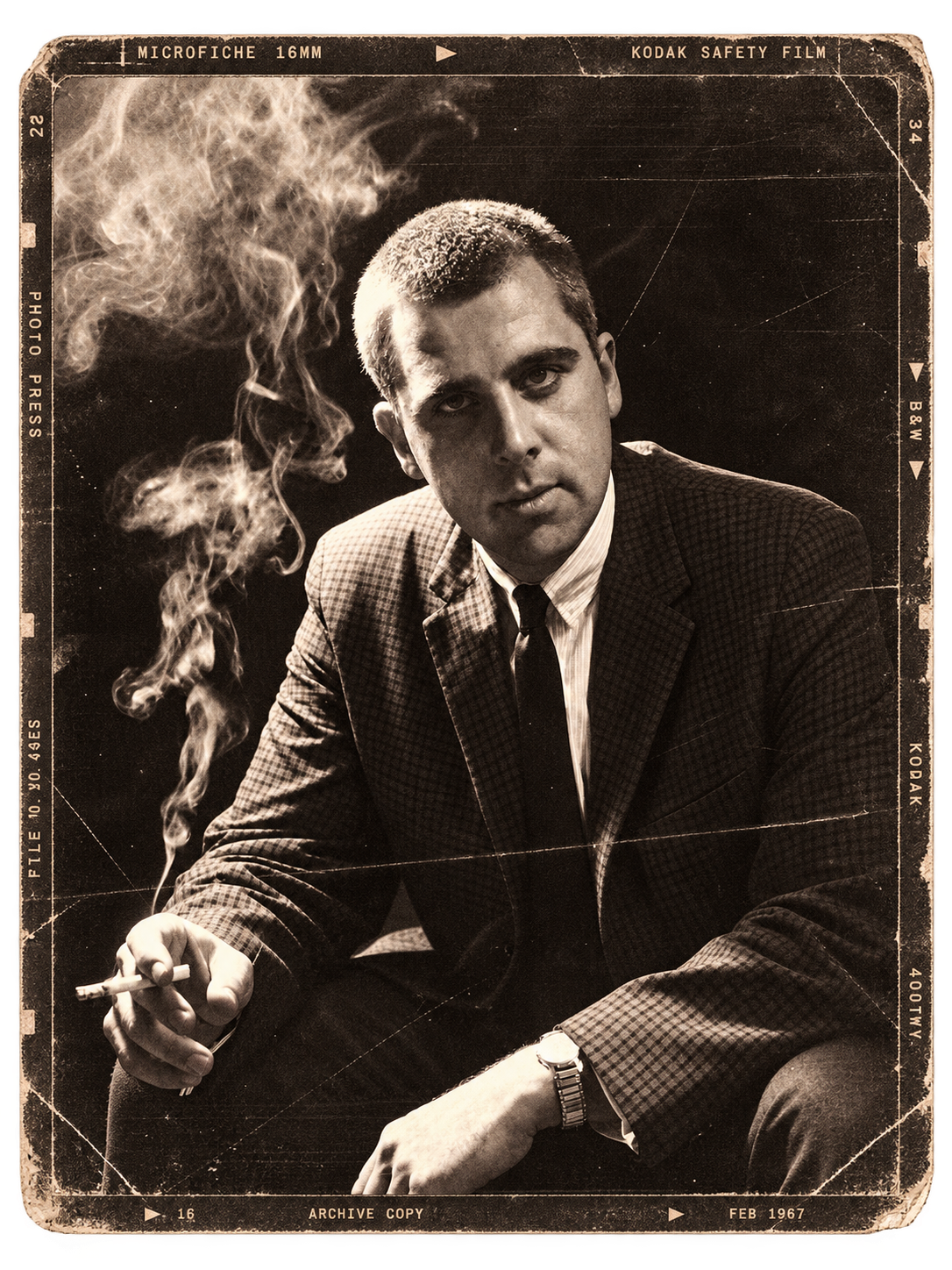 Black-and-white photo of a man in a suit holding a cigarette with smoke rising, wearing a watch, with a dark background and a textured border indicating it is a vintage photo from February 1967.