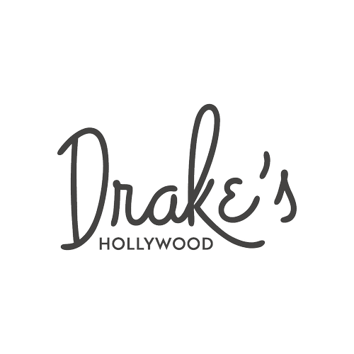 Logo for Drake's Hollywood with stylized cursive text 'Drake's' and smaller uppercase 'HOLLYWOOD' underneath on a black background.