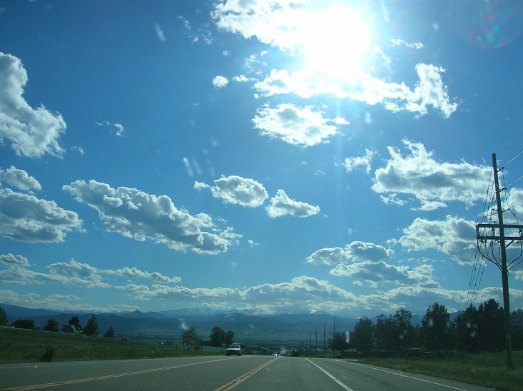   Colorado. First views of the Flatirons of Boulder.  