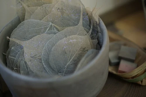 Miya's "business cards" are printed on leaves that have been found outside and treated with her special secret process. 