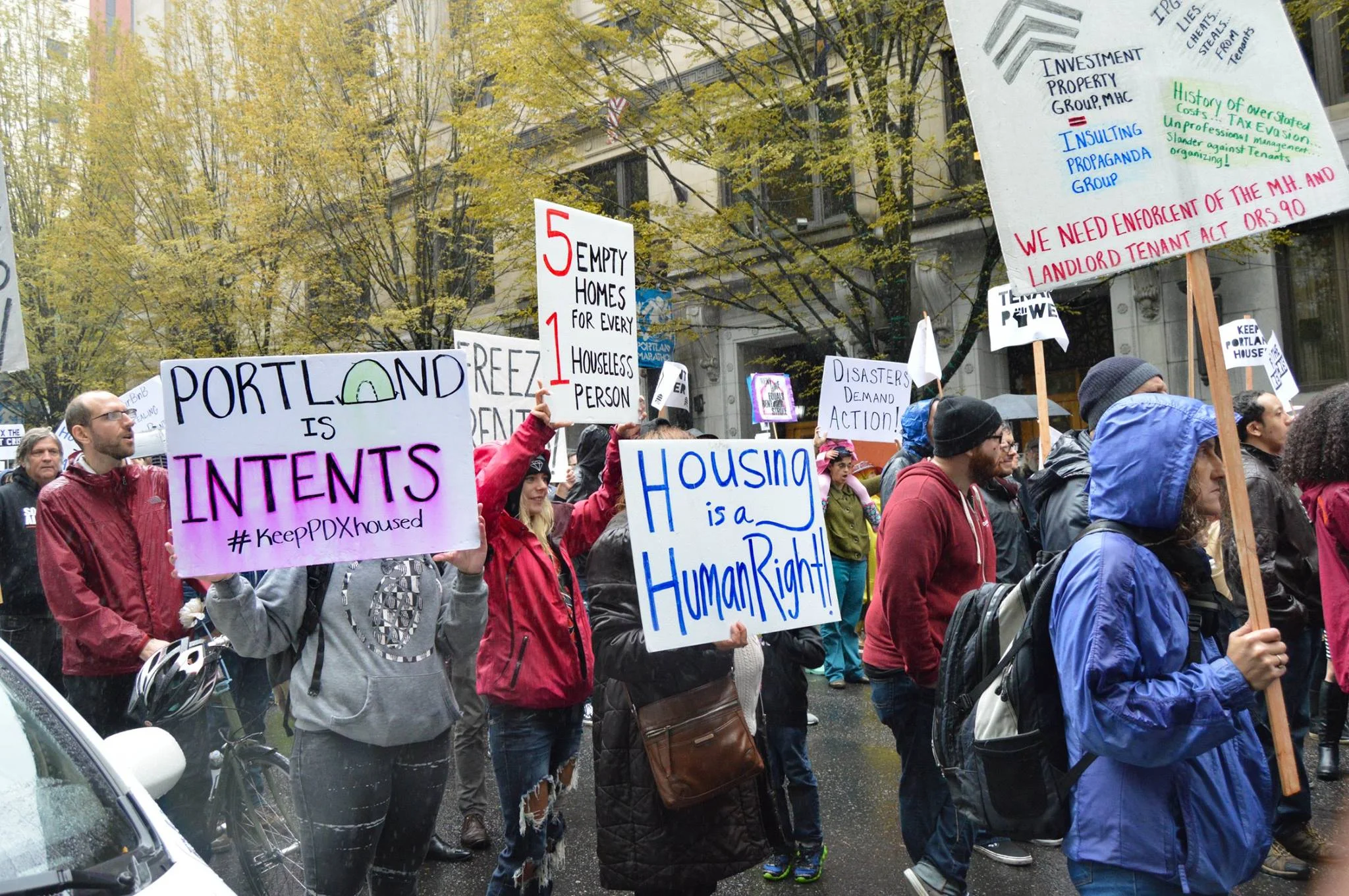 "There are five empty homes for every one houseless person." This was a rally and march for a rent freeze organized by Portland Tenants United. Photo courtesy of Kathryn Stevens.