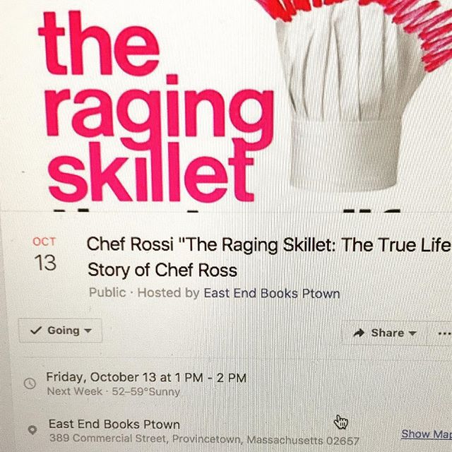 Calling Provincetown! See you oct 13th!! 1:00 at east end books!! I'll be giving out edible vaginas with copies of my book!! A chance to hear me kvetch and eat my Vajayjay!! Wahoo! #ragingskillet #theragingskillet #chefrossi #chefrossinyc @eastendboo