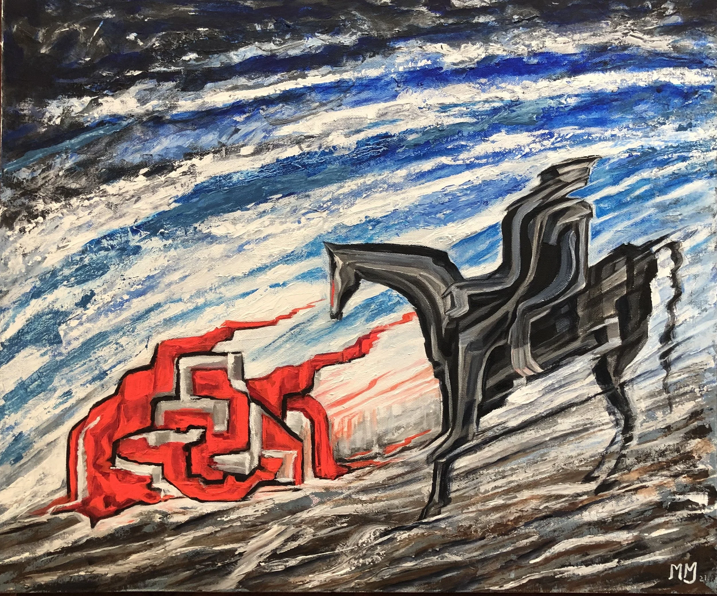 Fallen red horse and the aggressive body with consolation of his black horse