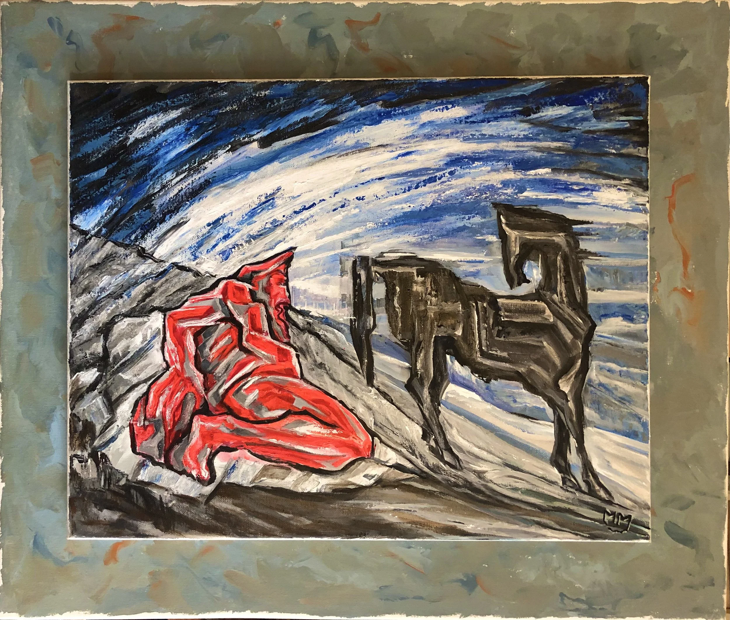 Fallen red man and the his blaming black horse