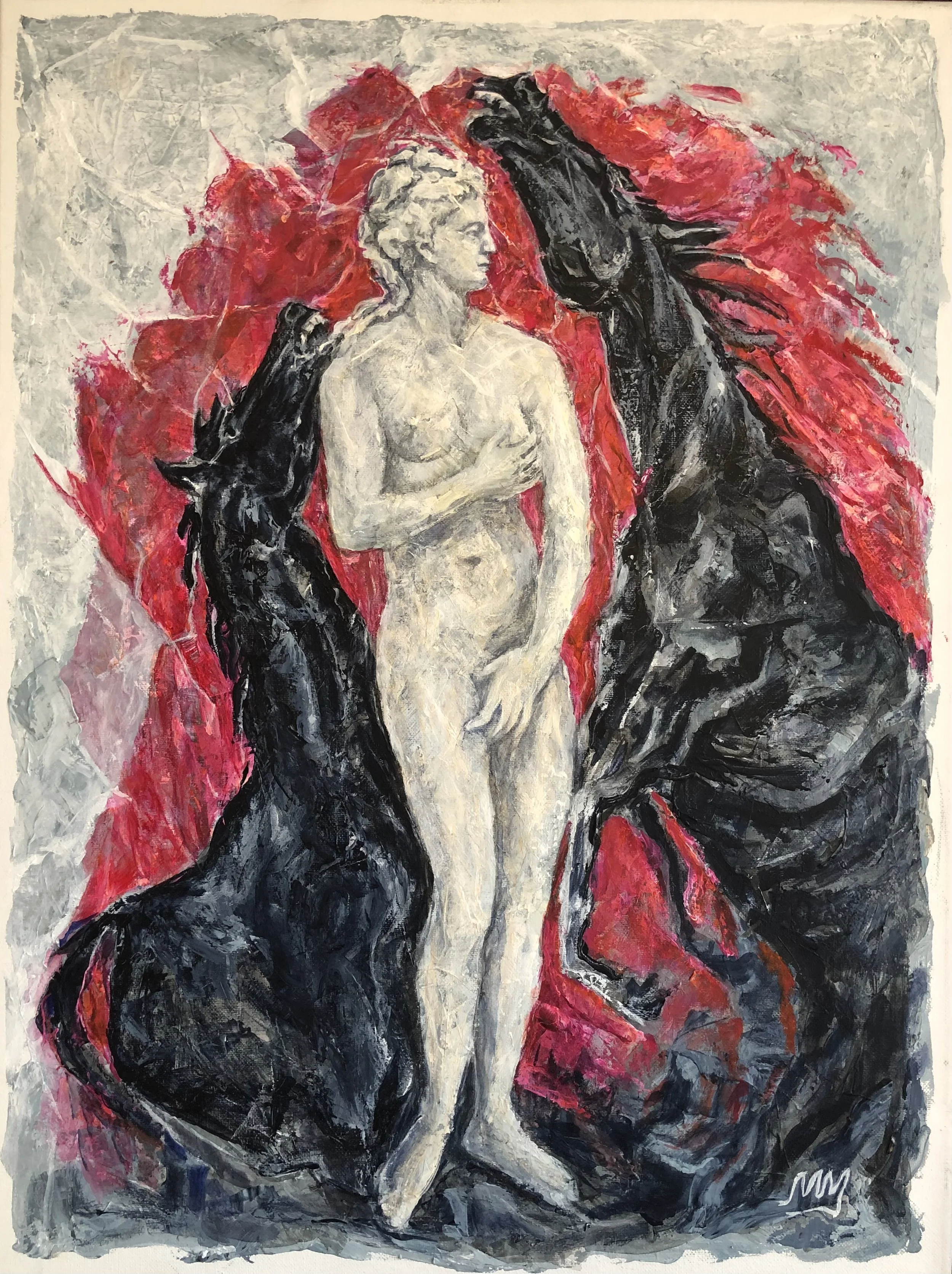 Goddess Aphrodite and tte agitated black horses