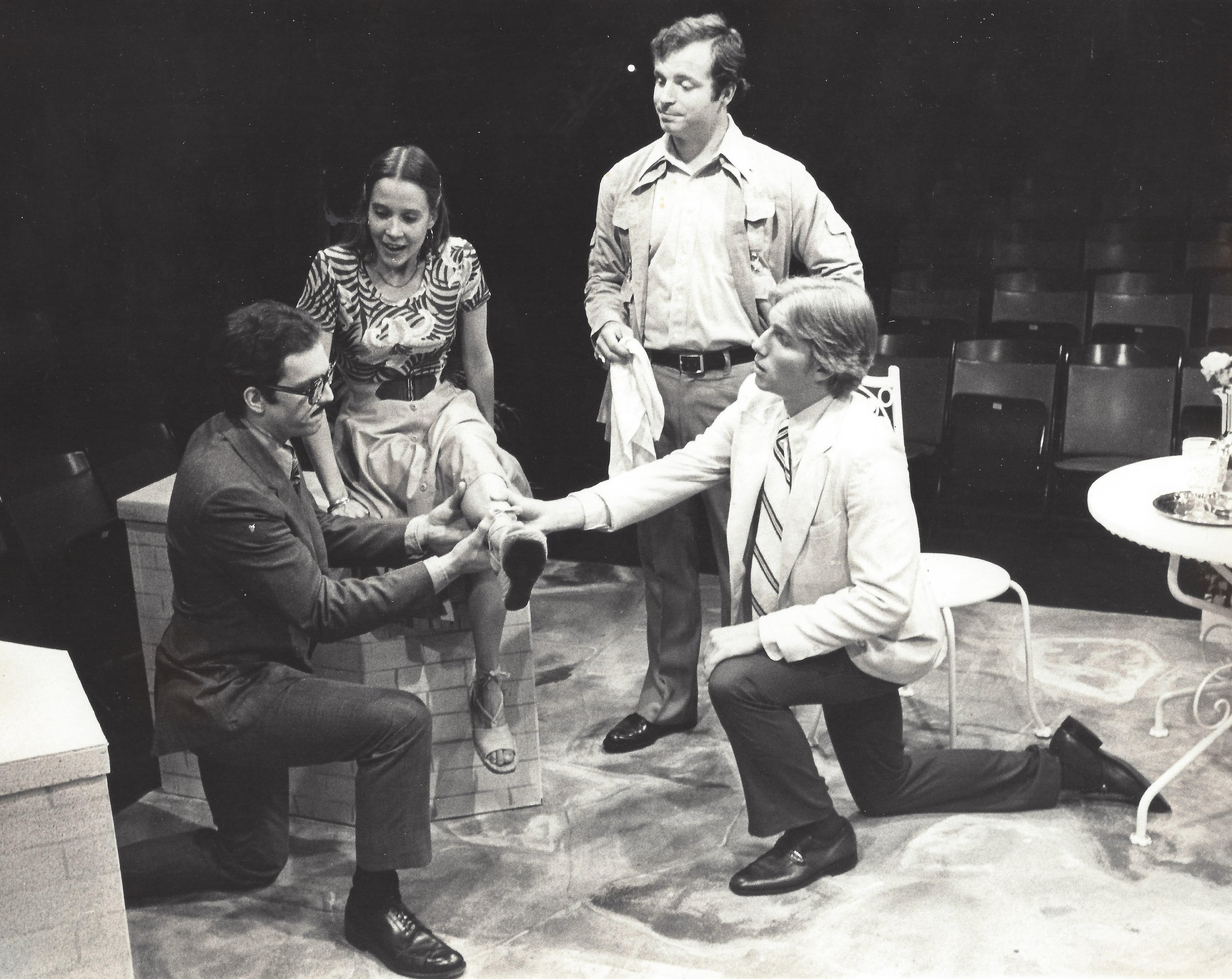 Ed Tracy on stage with Sandy Shinner, Tom McCabe and Christopher Wells in a 1976 production of Sabrina Fair at the Mt Holyoke College Summer Theatre. Inset Above: Ed Tracy with Sandy Shinner for CONVERSATIONS on August 18th, 2016. 