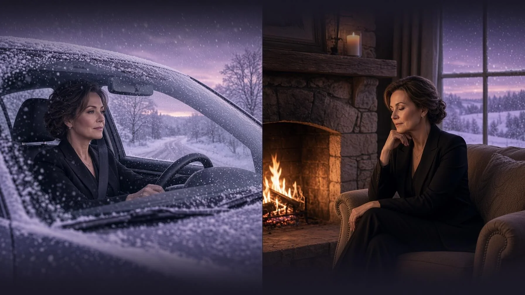 Woman in black driving through falling snow, then the same woman by a fireplace with snow outside the window — winter cold outdoors and dry heat indoors.