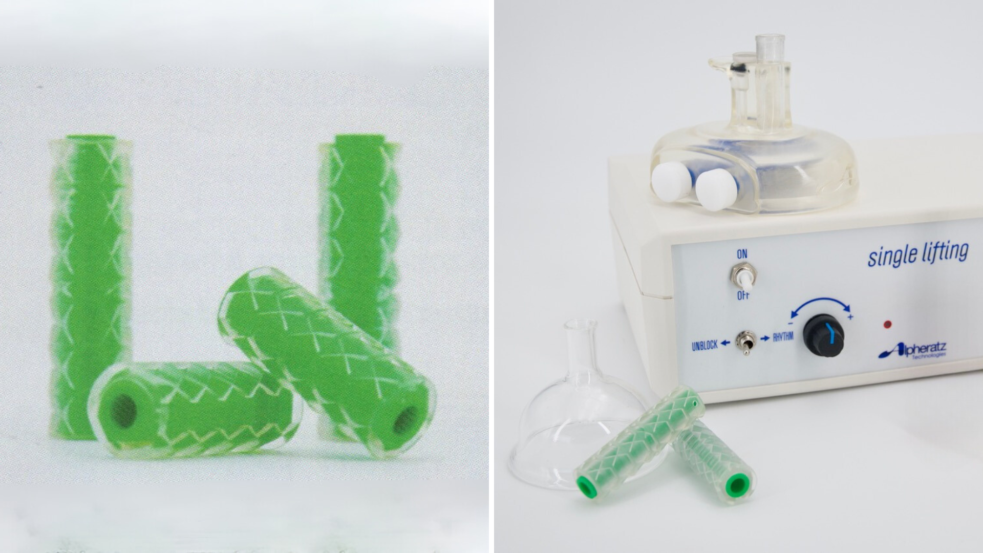 Green rollers from the Roll-E Massage System with the Single Lifting Drainer featured in the background