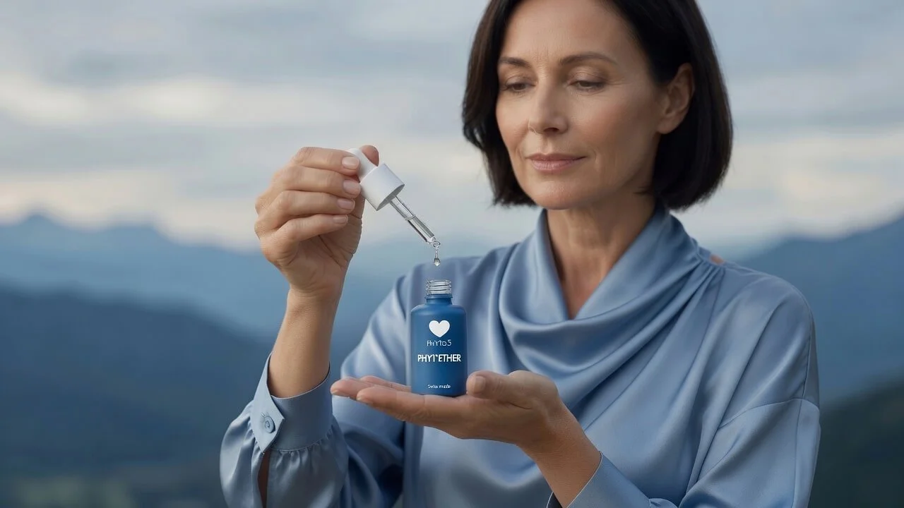 Woman with short dark bob and light blue satin blouse dispensing a single drop of PHYTO5 Phyt’Ether serum into her palm against a soft-focus blue mountain landscape.
