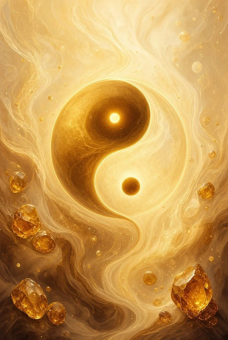 Luminous yin-yang symbol flowing in warm golds, yellows, and ochres, surrounded by soft amber crystals and swirling light, embodying the nurturing earth season
