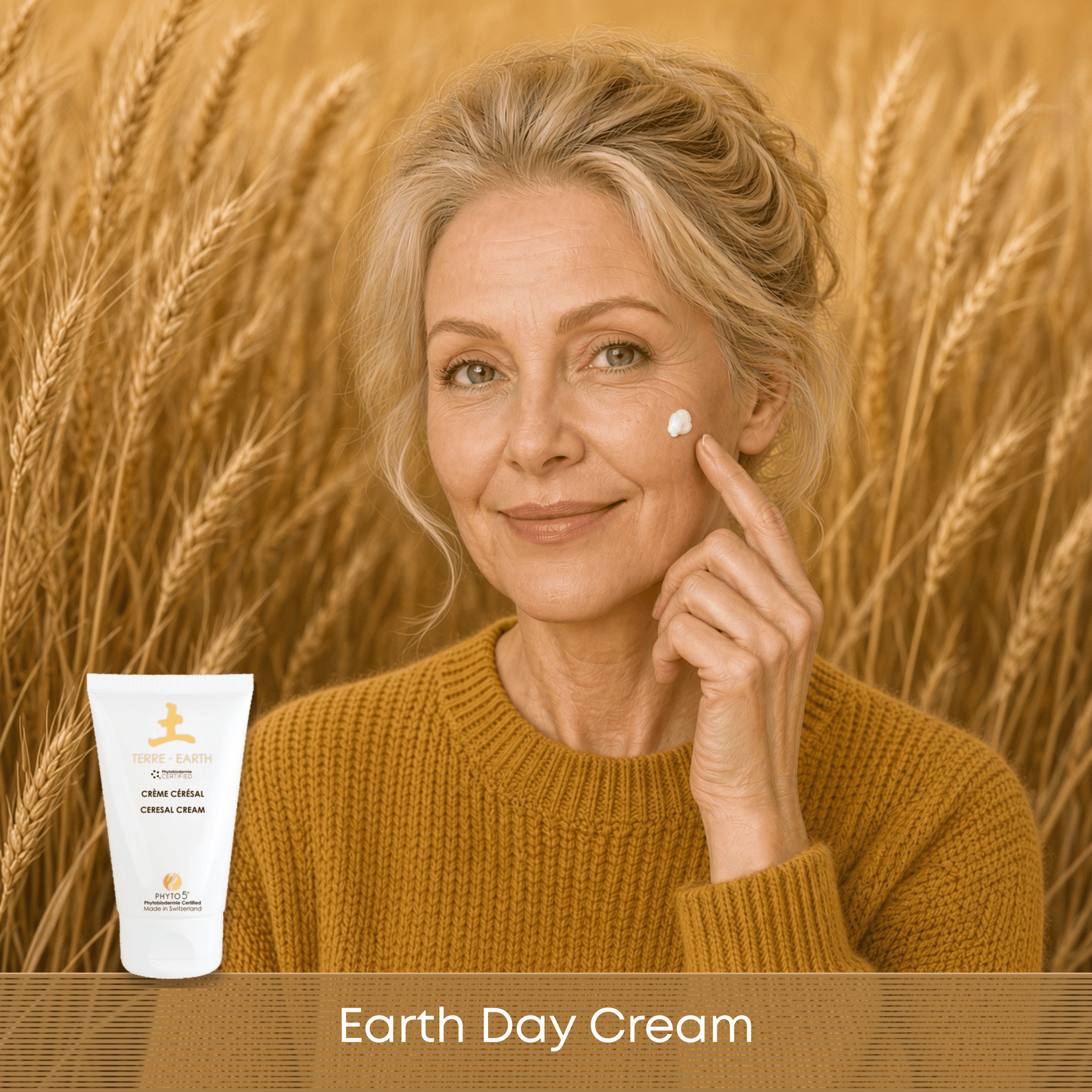 Woman applying cream beside PHYTO5 Earth Day Cream for the fall-to-winter Earth season