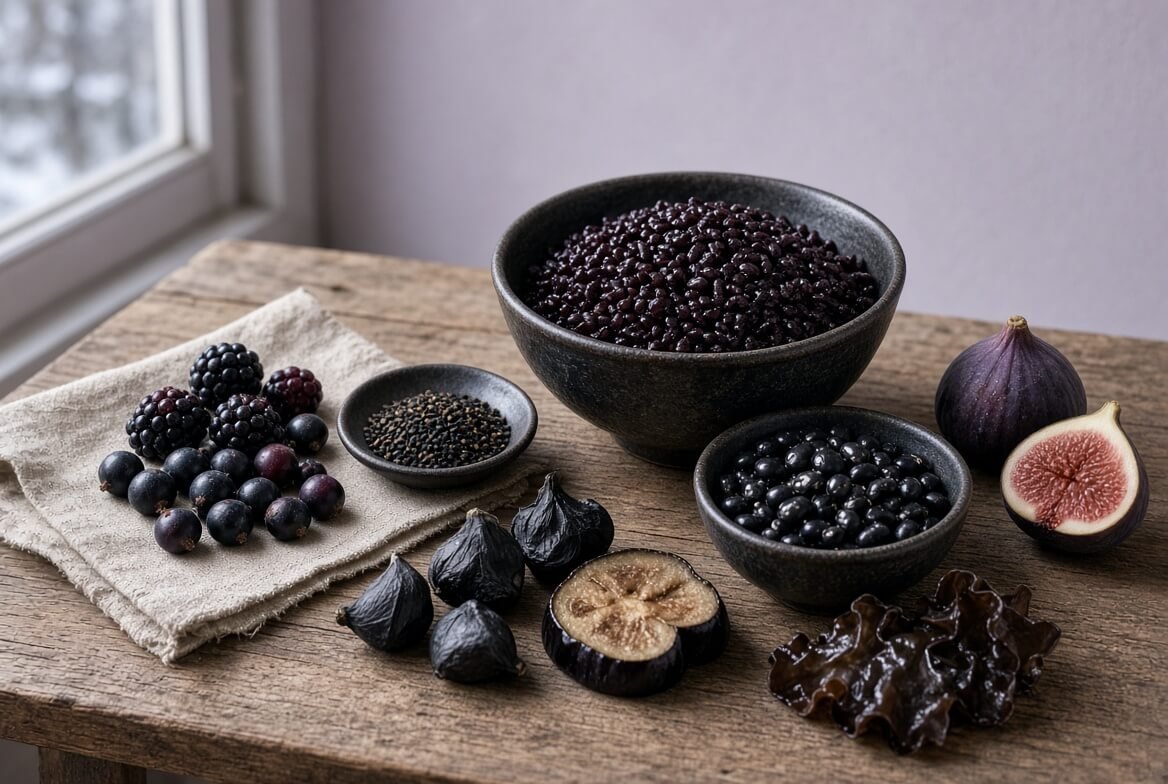 Winter still life of black rice, black beans, blackberries, black sesame, black garlic and figs for TCM Water season