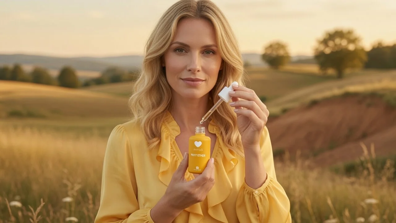 Blonde woman in her thirties wearing a summery golden yellow blouse, holding the PHYTO5 PHYT'ETHER Earth element serum bottle in one hand and the dropper pipette in the other, set against a warm yellow and ochre natural outdoor landscape.