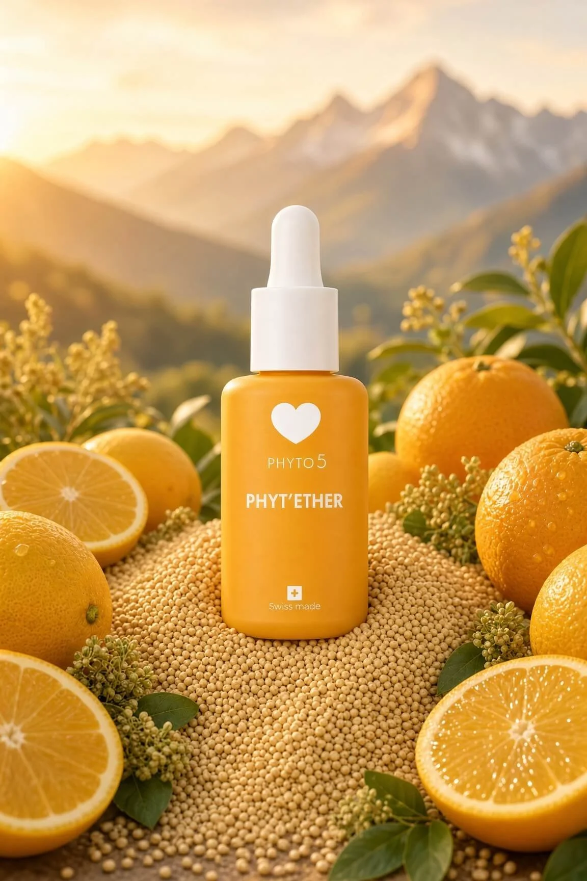 PHYTO5 Phyt’Ether Earth serum bottle resting on a soft cascade of golden millet seeds, surrounded by fresh lemons and oranges with greenery, set against warm mountain light.