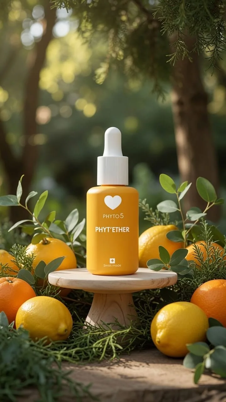 PHYTO5 Earth element PHYT'ETHER serum bottle displayed on a small wooden pedestal in a serene natural setting, surrounded by fresh lemons, oranges, eucalyptus leaves, and cypress twigs.