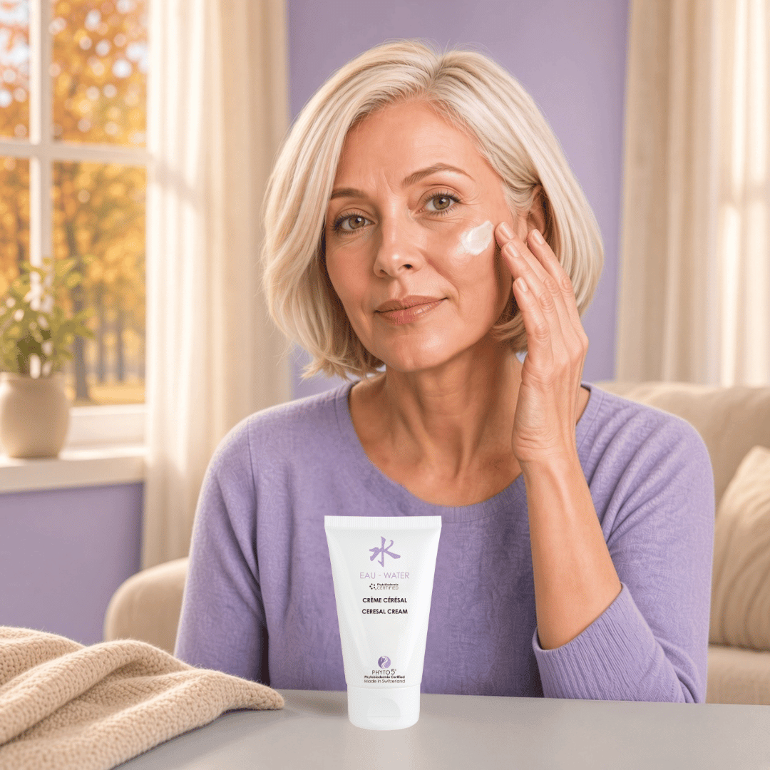 Woman applying PHYTO5 Water Day Cream (Crème Cérésal Eau) in a sunlit room — winter moisturizer for dehydrated skin