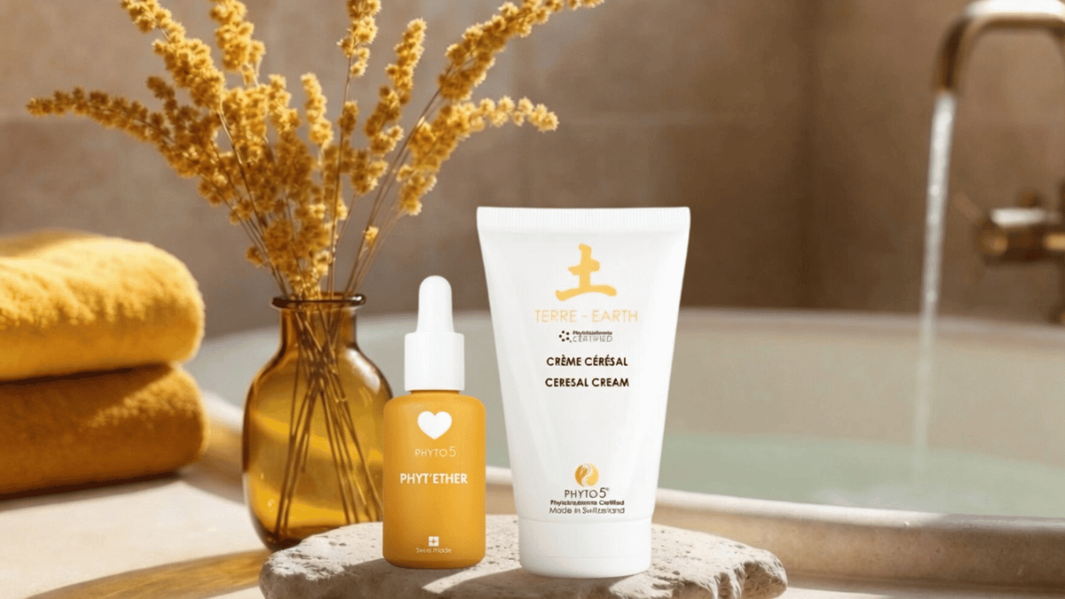 PHYTO5 Earth collection hero image featuring Phyt'Ether serum and Terre-Earth Ceresal Cream on a smooth stone in a serene spa setting with a yellow glass vase of millet and flowing water