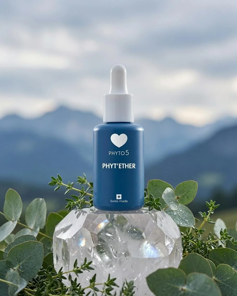 Blue PHYTO5 Phyt’Ether dropper bottle standing on a faceted clear quartz crystal pedestal, surrounded by fresh green eucalyptus leaves and thyme sprigs, with soft-focus blue mountain range in the background under a silvery-grey sky.
