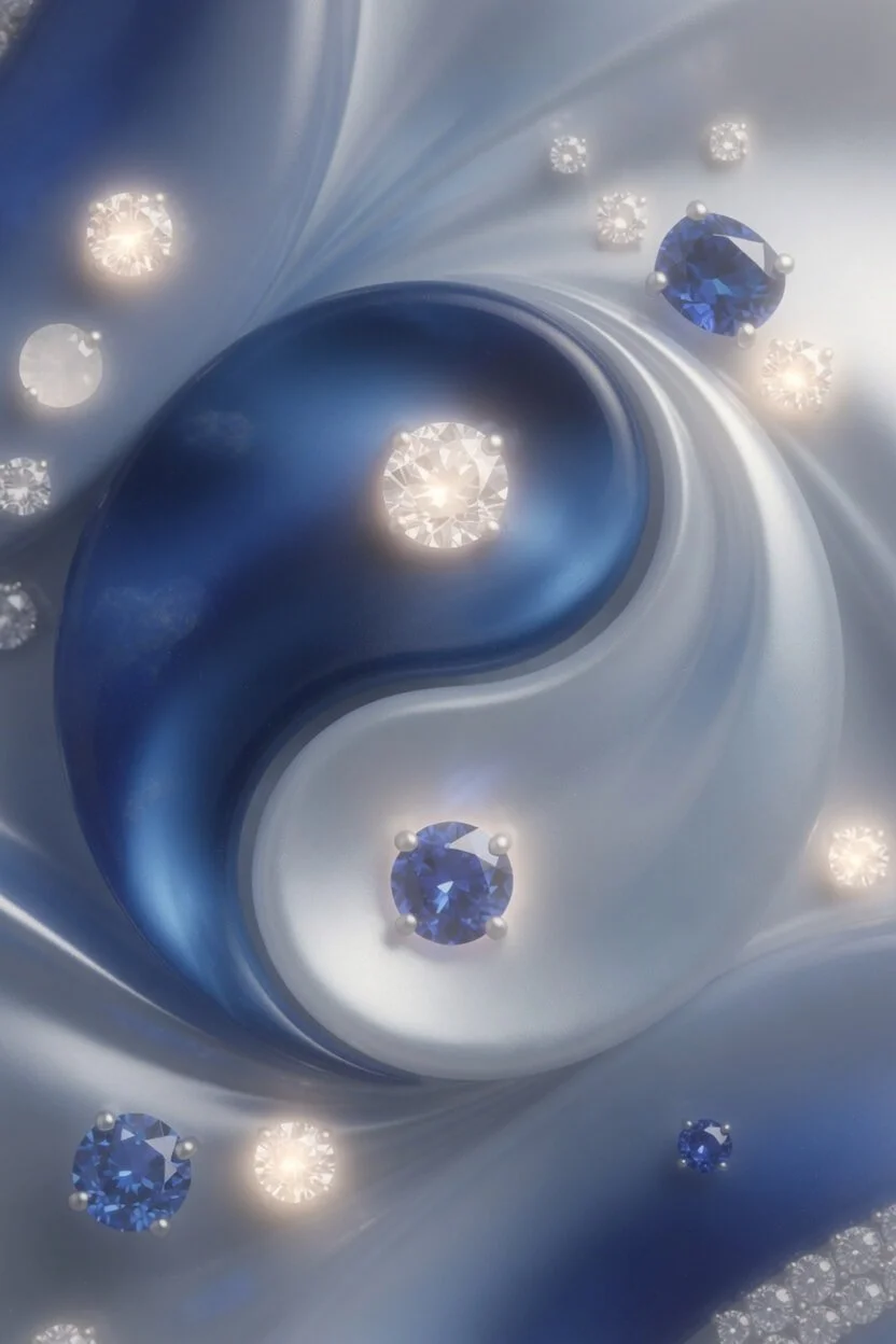 Soft ethereal yin/yang symbol in flowing blue and silvery-grey tones, accented with clear diamonds, quartz, blue sapphires, and lapis lazuli gemstones.