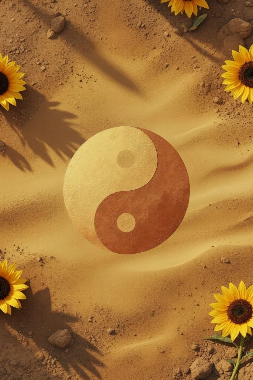 Yin-yang symbol in golden yellow and ochre tones resting on textured sandy ochre soil, surrounded by golden sunflowers, representing the Earth element in Traditional Chinese Medicine (TCM)