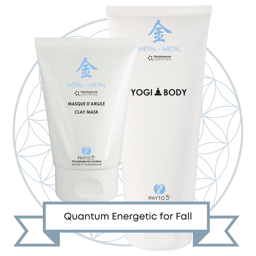 PHYTO5 Metal Perfect Pairing for Fall: white Clay Mask and Metal Yogi Body Gel for body, quantum energetic TCM Metal season duo