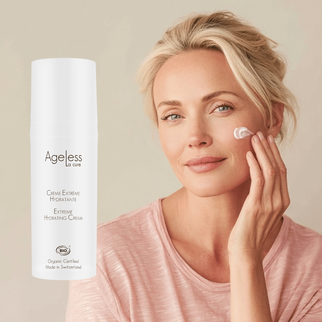 A woman applies extreme hydrating cream to her cheek