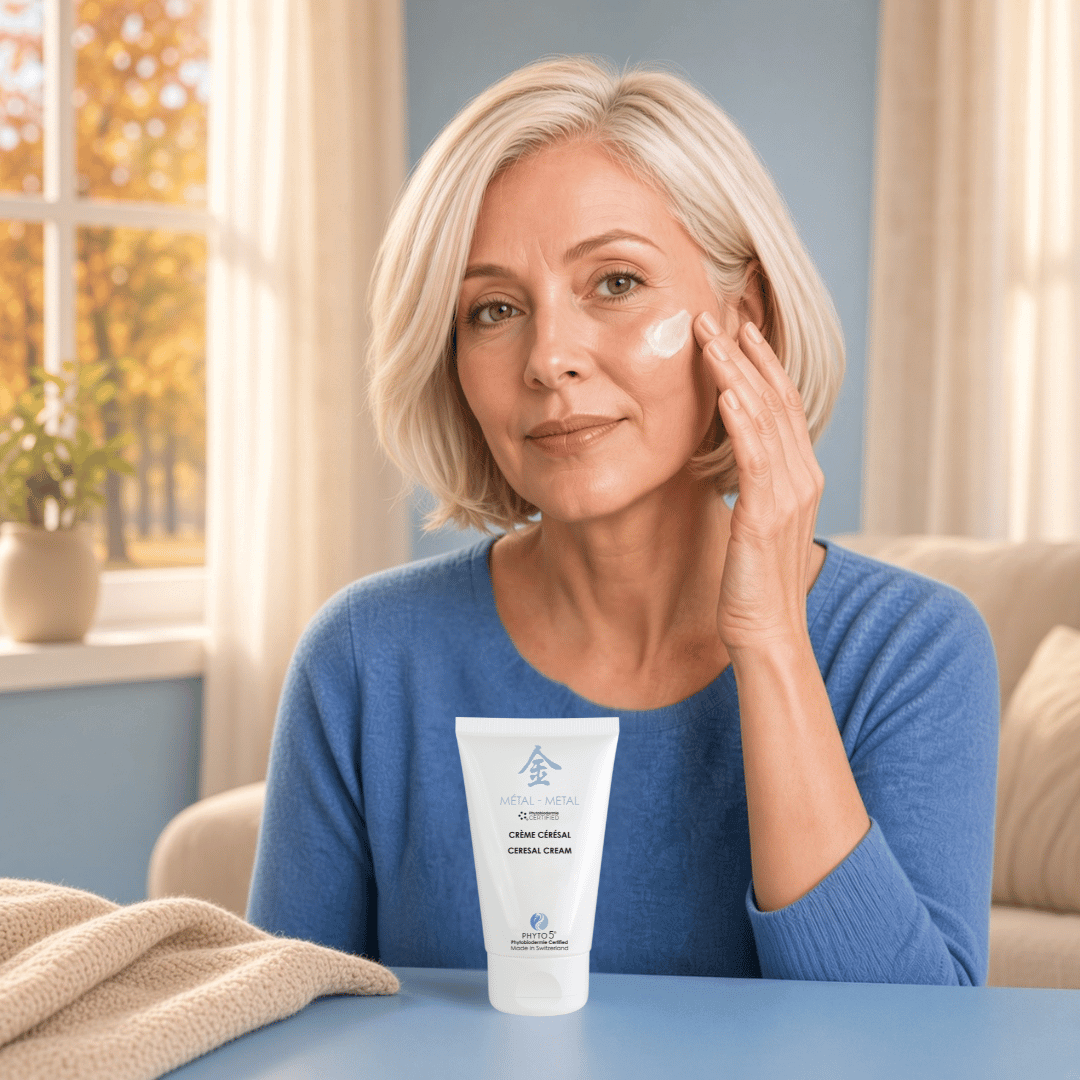 PHYTO5 Metal Day Cream in a white jar with rice, eucalyptus and ylang ylang — Fall Equinox moisturizer for dry skin