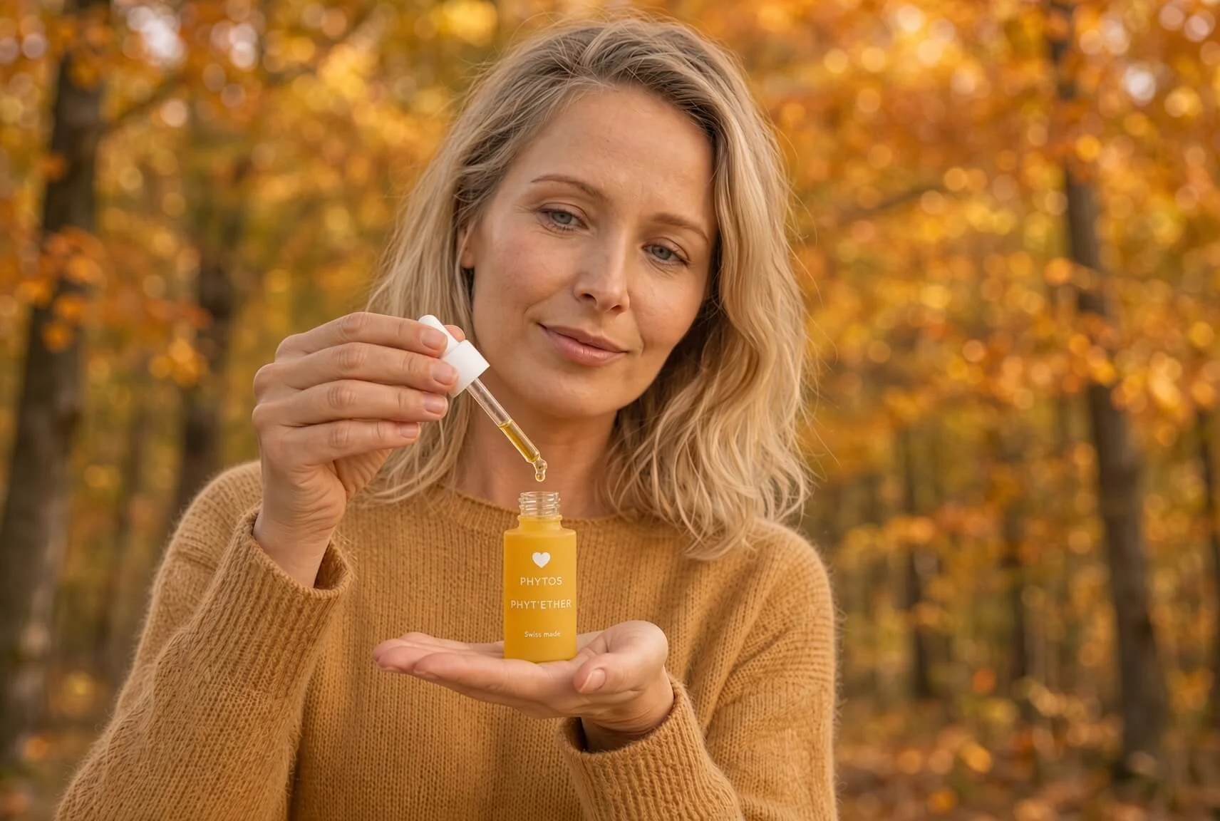 Blonde woman in a warm ochre sweater holds the yellow Phyt’Ether Earth serum bottle in her open palm while returning a single drop from the pipette, set against soft autumn trees with golden leaves.