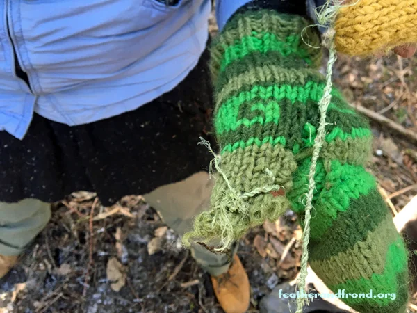 Two mommas show off their awesome Stinging Nettle Cordage! Pretty amazing for a first time and one was immediately put to work repairing a torn mitten, Clever!