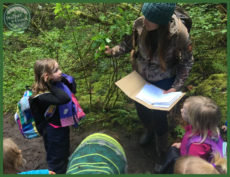 Melissa taking advantage of a teachable moment with Salmonberry! Do you see the butterfly in the leaflets?
