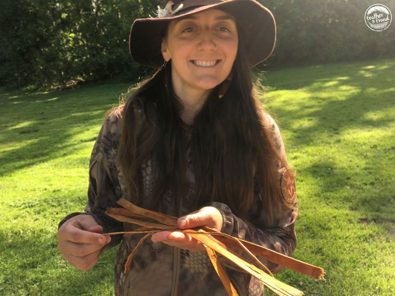 Here is what the Cedar Inner Bark looks like once it has been pulled through the leather stripper. Perfectly even strips for wEaving!