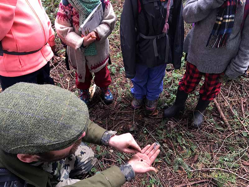 Pat pointing out the distinguishing features of deer scat!