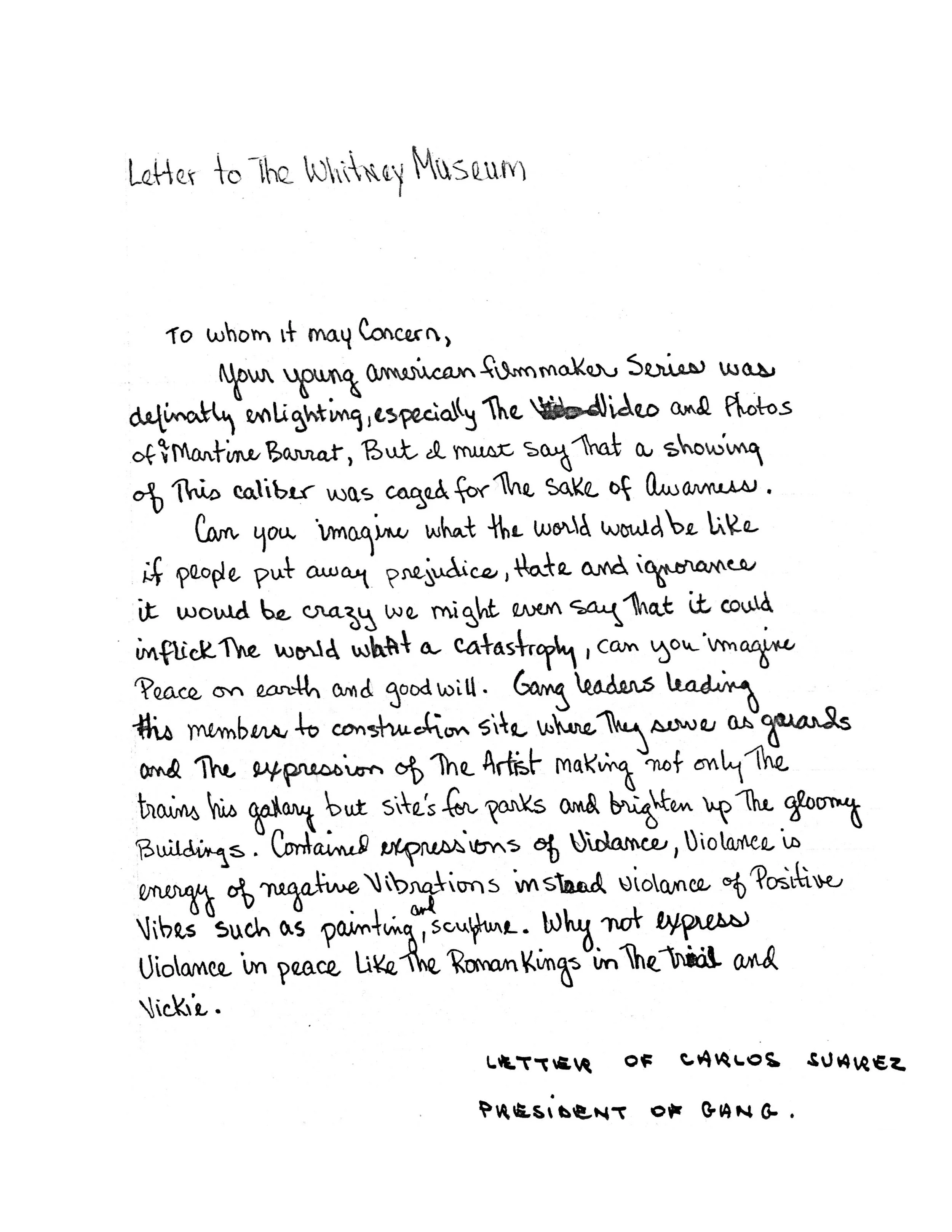 Letter written by Carlos Suarez, president of one of the gangs.