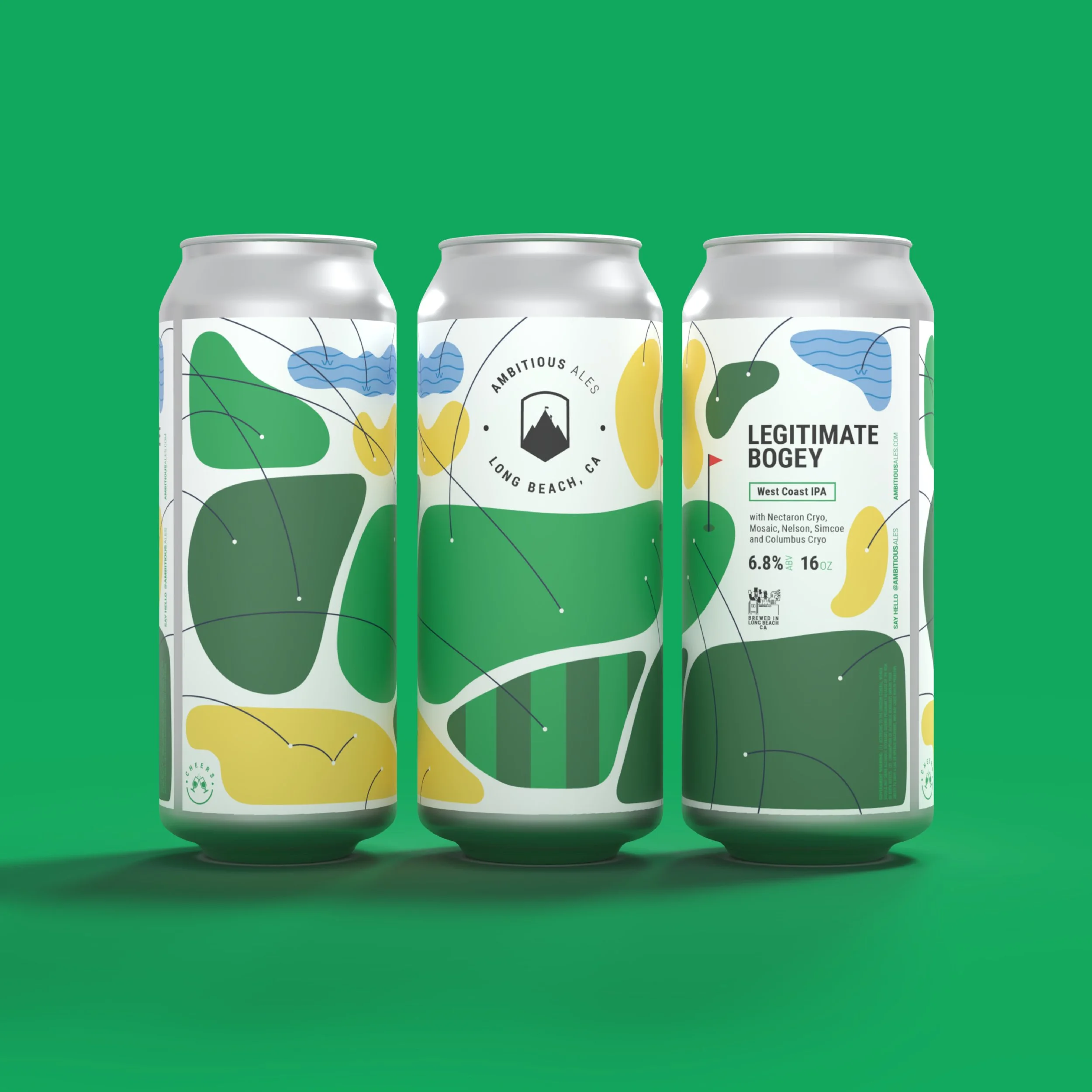 Legitimate Bogey. West Coast IPA. Can artwork of artistic golf course with many golf balls. Brewed in Long Beach CA by Ambitious Ales