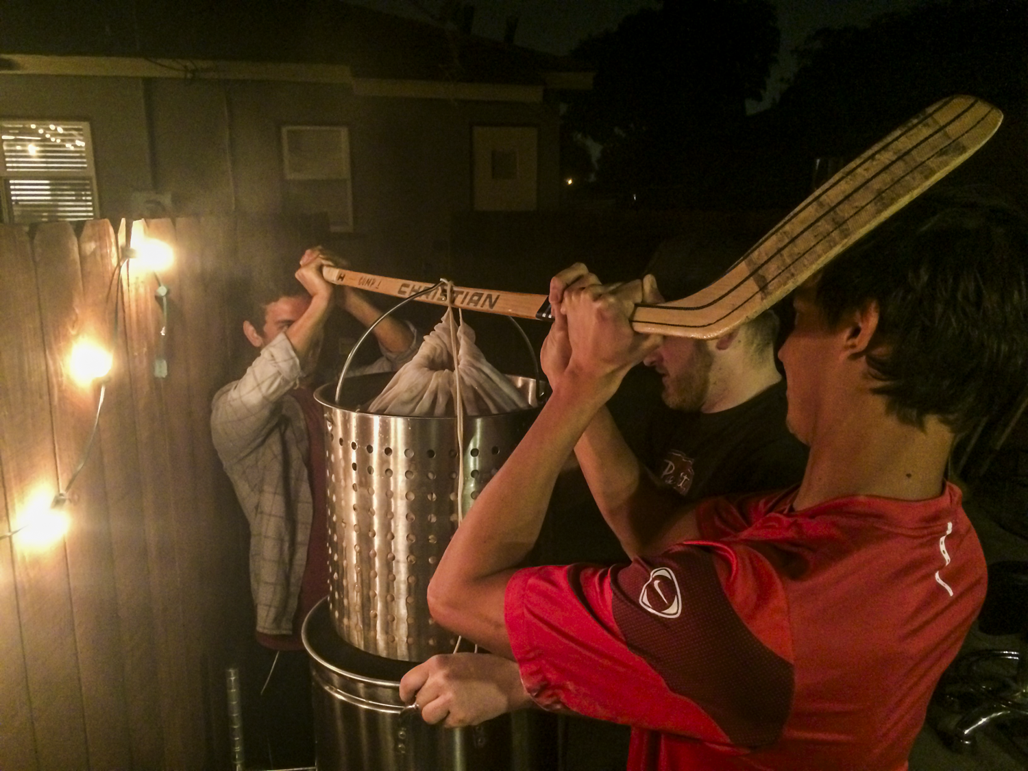 Ambitious Ales in the home brew days with our trusty hockey stick