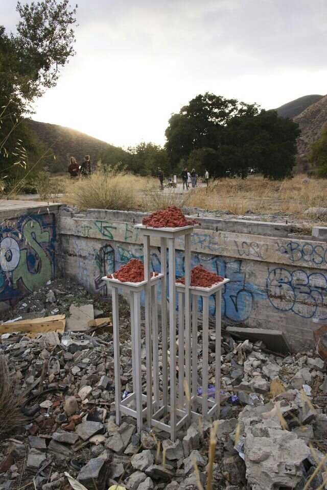  Charles Long,  Sky Burial . Raw meat, wood pedestals. 