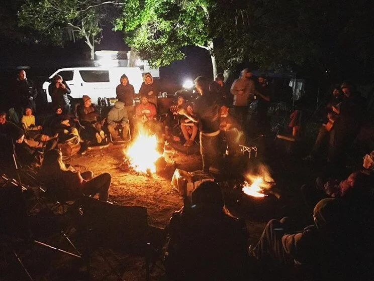 Whomp Camp bonfire with Belly Slater entertaining the masses.   Photo credit: @whompcamp