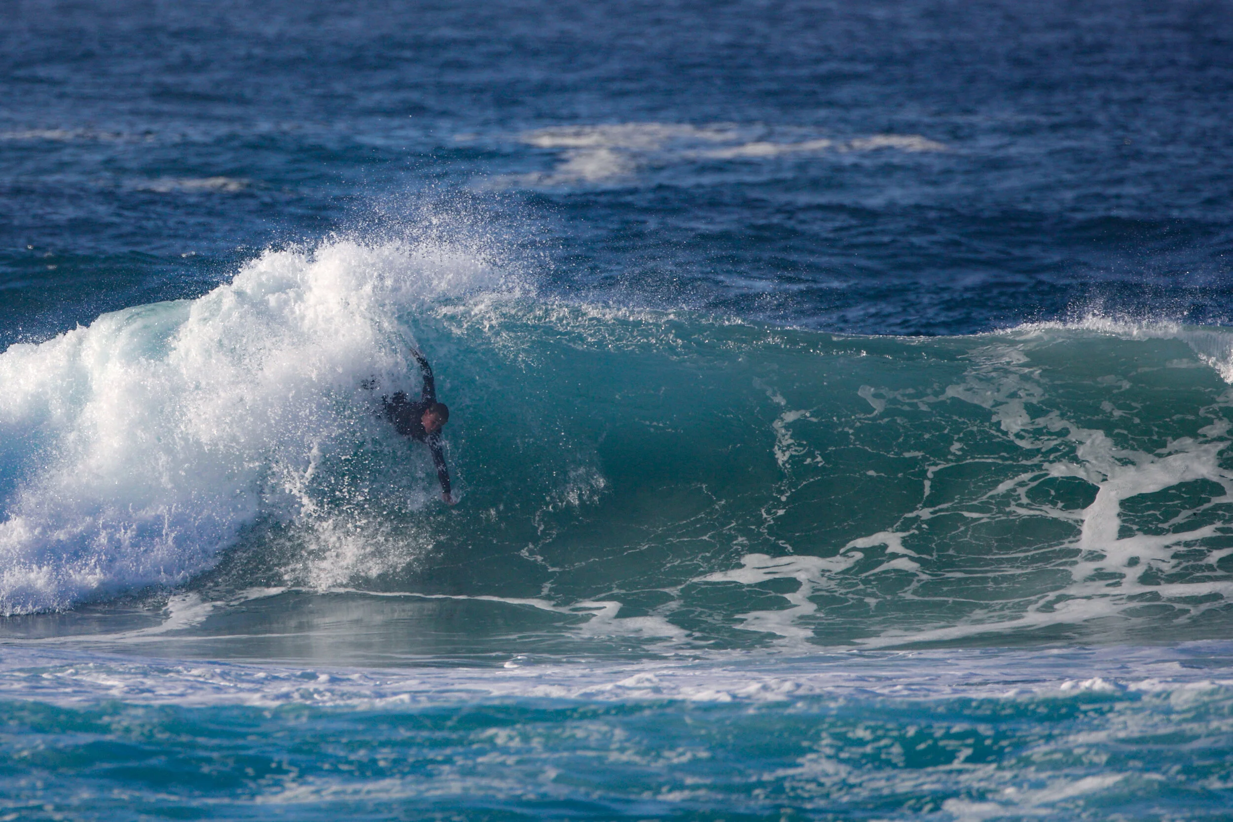 Treachery Beach offers great waves for bodysurfing. Corey @ Whomp Camp 2020.   Photo: David Molloy