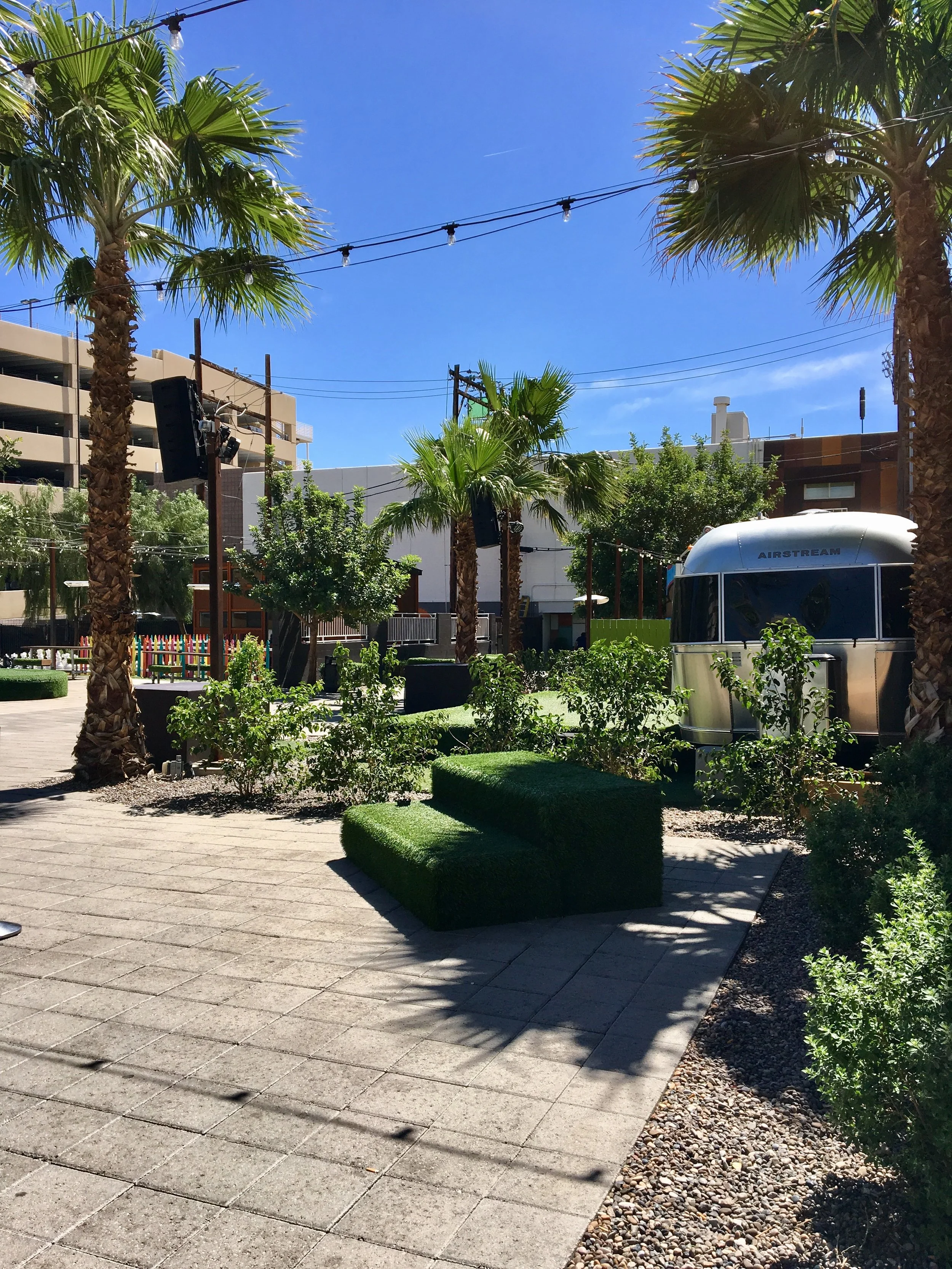 The enormous patio at the Gold Spike complete with AstroTurf covered seating, stages and the obligatory Airstream trailer.