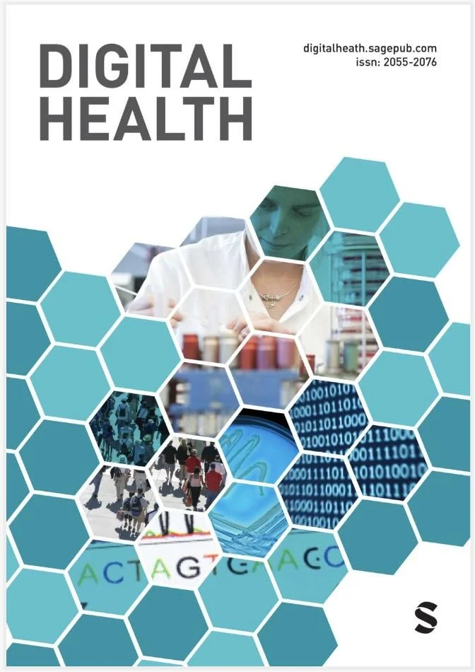 Cover of Digital Health Journal by sage, with blue hexagons and a collage of images such as a female scientist, computer, code, a crowd walking